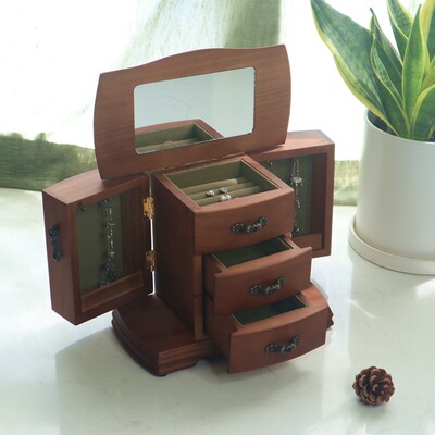 solid wood jewelry storage box Antiquity Chinese style Retro Double door Jewelry box multi-function Bracelet Necklace Jewelry box