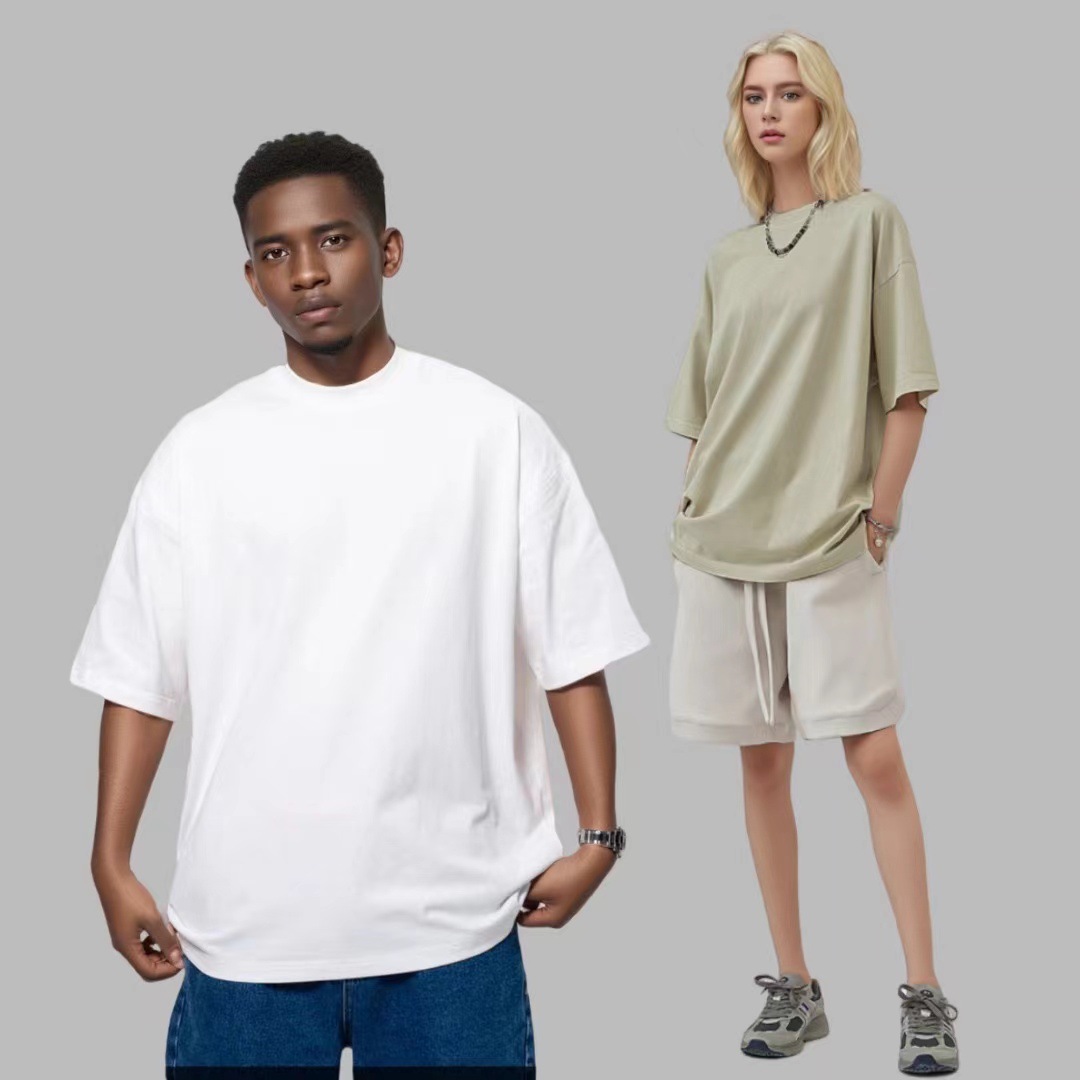 350g camiseta de manga corta transfronteriza hombre cuello pequeño color sólido suelto estilo hip-hop americano camisa de moda