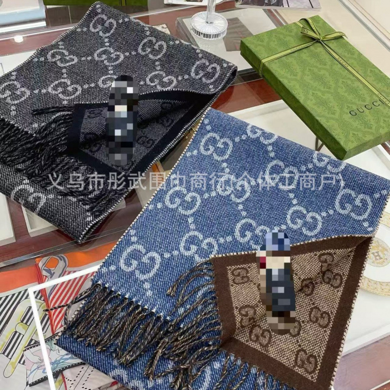 Autumn and winter high-end G-brand double-sided denim blue scarf for women, letter jacquard black cashmere shawl, warm neck warmer