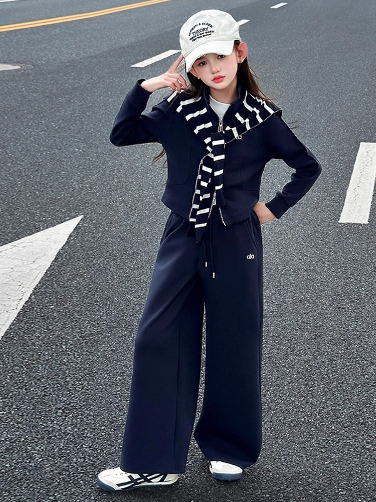 Korean style girls' outfit set, autumn 2025 new style, trendy and cool top for older girls, wide-leg pants for a street style look.