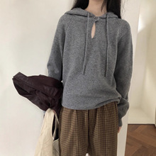 韩国chic秋冬装新款韩版慵懒设计感领口纽扣连帽松弛感长袖针织衫