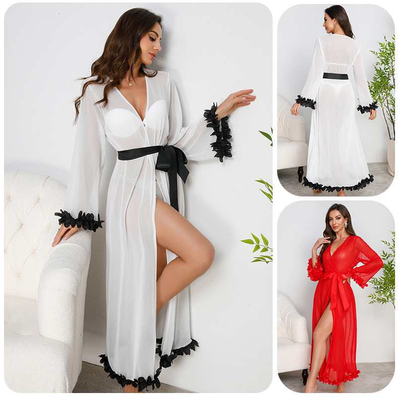 Cross-Border Women's Summer Sexy Mesh Semi-Transparent Robe Petal Splicing Pure Color Nightgown Home Wear Wholesale 911