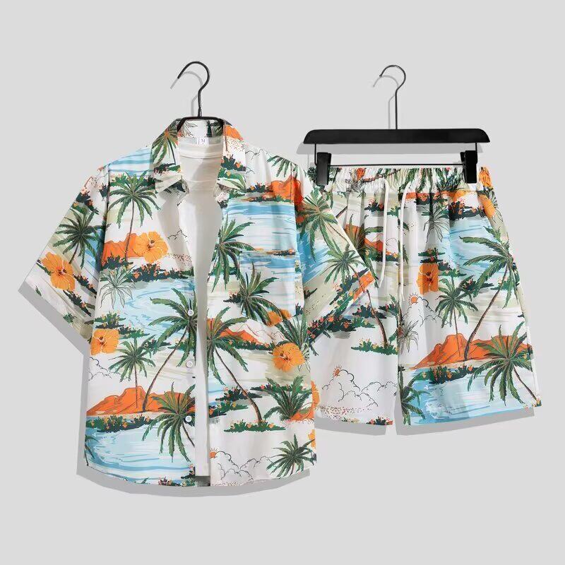 Men's ice silk suit, quick-dry summer short-sleeve shirt, loose fit, large size, patterned beach shorts, couple's two-piece set Men's ice silk suit, quick-dry summer short-sleeve shirt, loose fit, large size, patterned beach shorts, couple's two-piece set