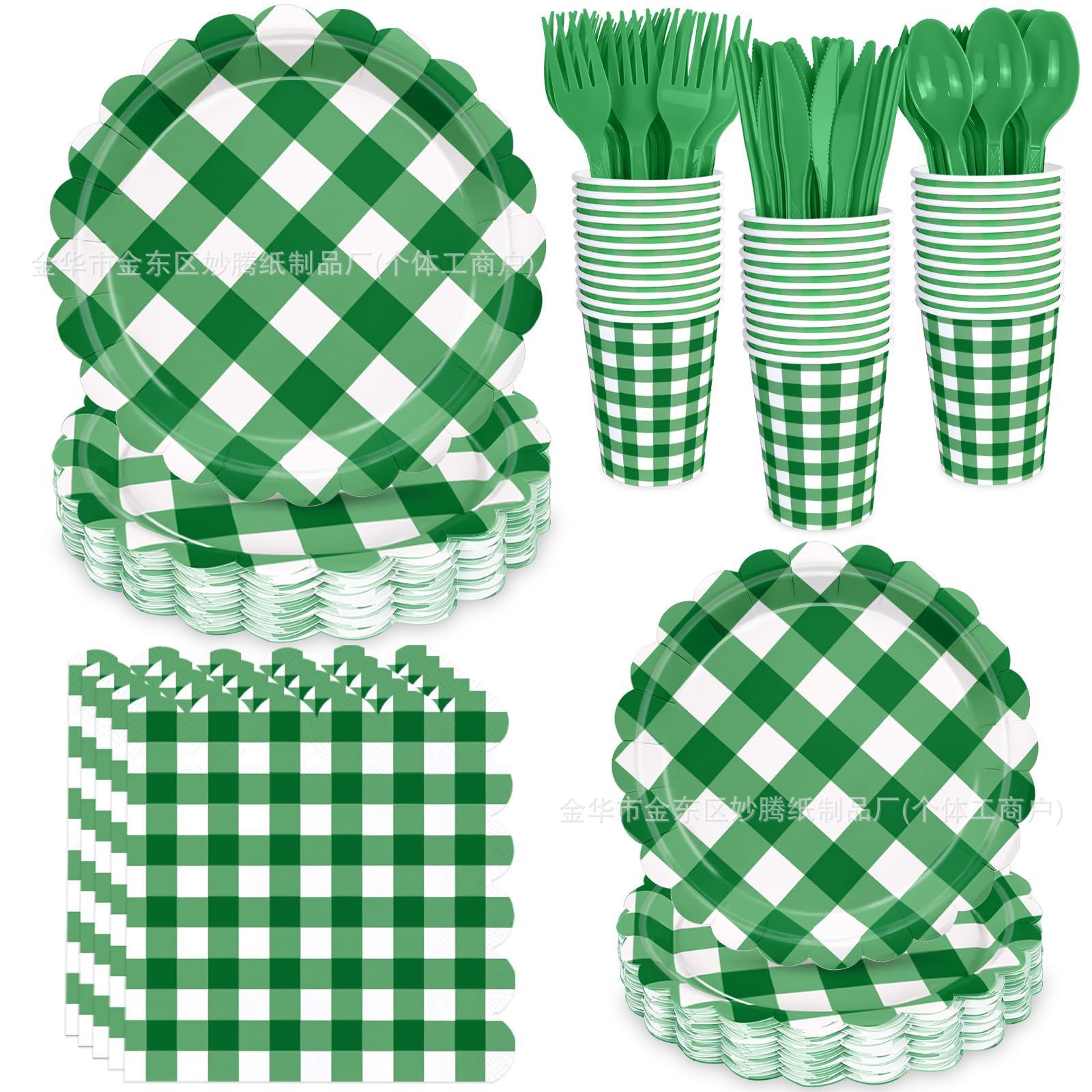 Ventas transfronterizas de platos de papel desechables a rayas de color verde oscuro a cuadros para artículos de fiesta decorativos conjuntos de cubiertos desechables
