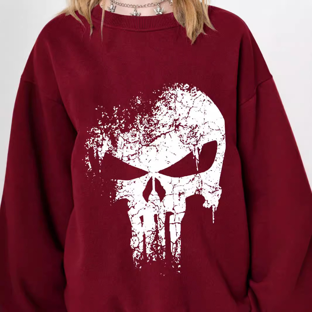 2024 Autumn Round Neck Street Print Sweatshirt Skull Cotton Soft Hoodless Loose Pullover Inner Wear For Women_voghion.com