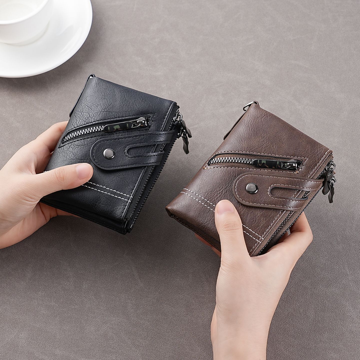 New men's short wallet, high-end men's cross-border business double-zipper PU wallet, vintage small men's wallet