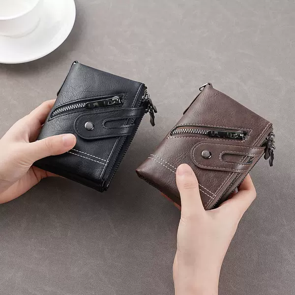 New men's short wallet, high-end men's cross-border business double-zipper PU wallet, vintage small men's wallet