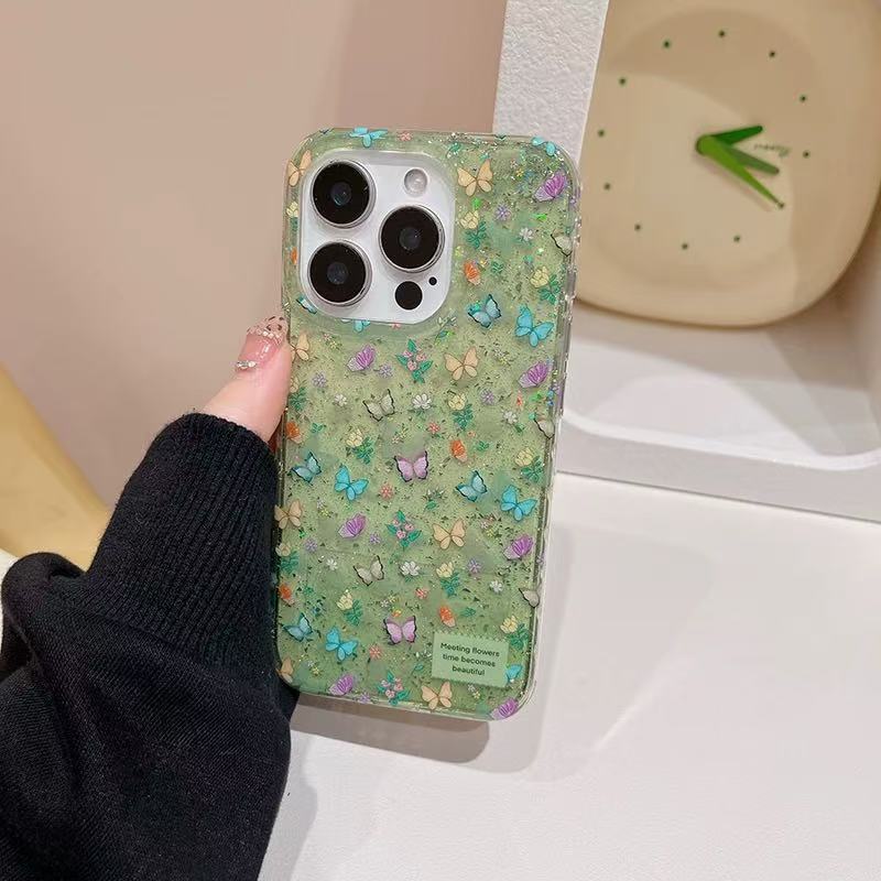 Verano verde brillante mariposa para iphone16ProMax 15 caja del teléfono 13 Apple 14