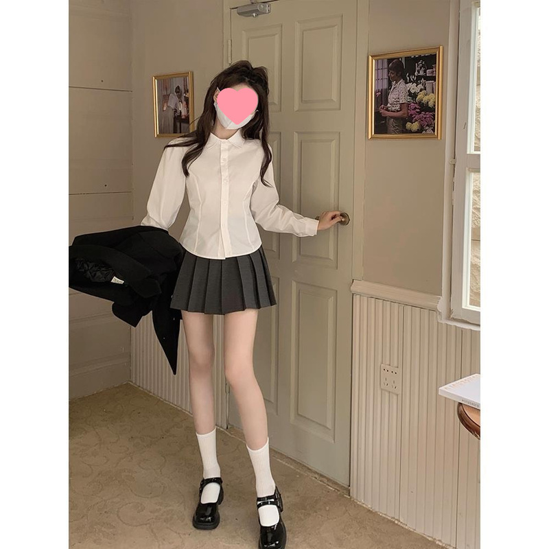 Spice Girls Tight Waist Shirt for Female Students Korean Style Chic Slim-fit Slimming Lace-up Shirt 2024 New Style Base Top Trendy