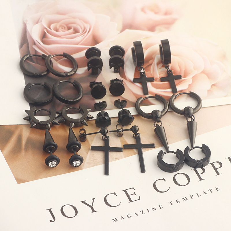 12 Pair Black Stainless Steel Cross Dumbbell Earrings Set - Cartilage Hoops for Men Women detail image 7
