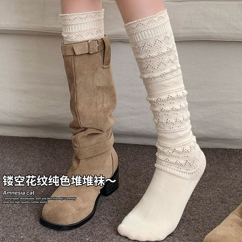 Women's Long Socks with Lace, Autumn and Winter Solid Color Cotton Socks, Japanese Retro Warm Socks, Paired with Long Boots, Slouch Socks