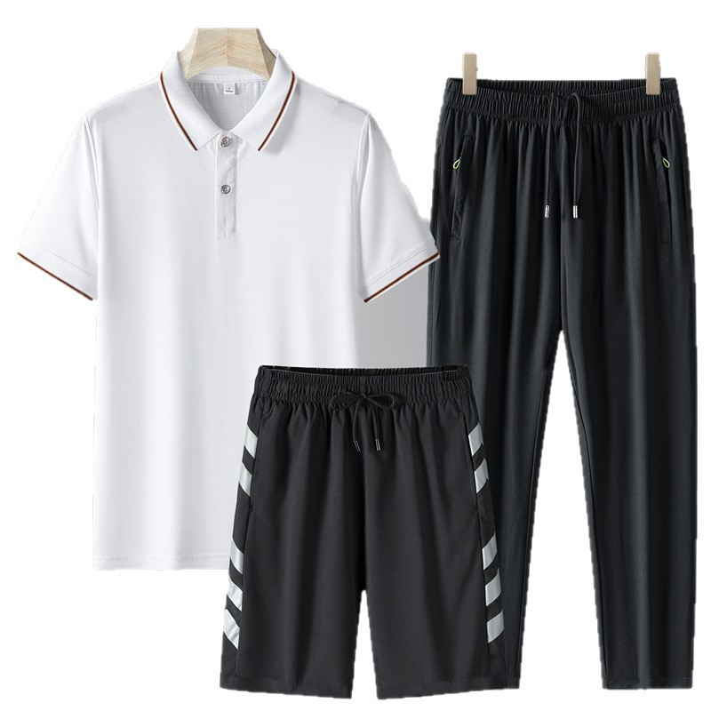 Set de manga corta de mediana edad para hombre verano papá pantalones cortos de hielo con solapa polo casual de tres piezas pantalones secos rápidos