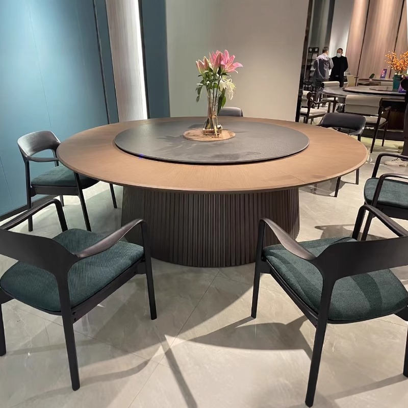 Hotel Electric Large Round Table with a Turntable in the Middle, 20-Person Private Room Restaurant Home Dining Table, Hot Pot Round Table, Slate Dining Table