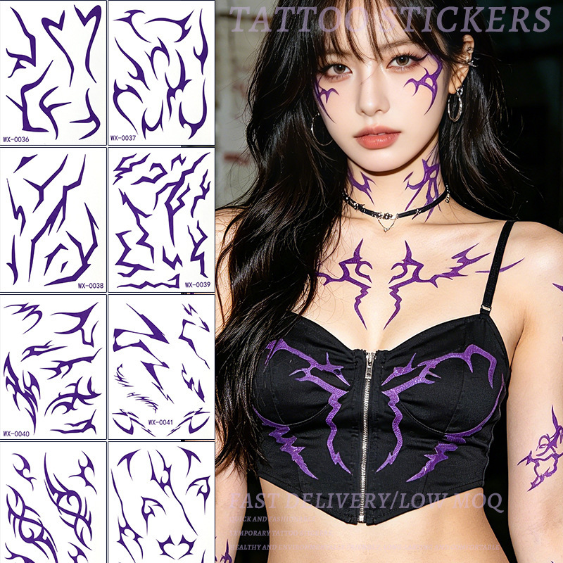 Cross-border dark Y2K tech-inspired tattoo stickers with purple lightning lines, waterproof cyberpunk ins sweet and cool temporary tattoo stickers Cross-border dark Y2K tech-inspired tattoo stickers with purple lightning lines, waterproof cyberpunk ins sweet and cool temporary tattoo stickers