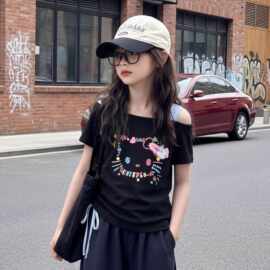 女童夏季KT猫斜肩短袖T恤女孩中大儿童抽绳宽松韩系露肩吊带上衣