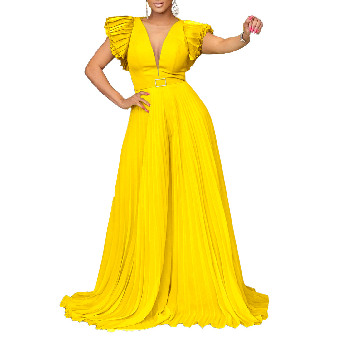 Women's Clothing sexy deep V pleated wide leg large size jumpsuit_voghion.com