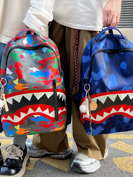 Trendy Shark Mouth Camouflage Backpack for Male and Female Students, Large Capacity Casual School Bag, Lightweight Travel Backpack