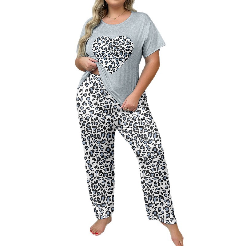 Women's Sleepwears Plus Size Casual Pajamas Spring/Summer Leopard Print Heart Pattern Round Neck Milk Silk Loungewear_voghion.com