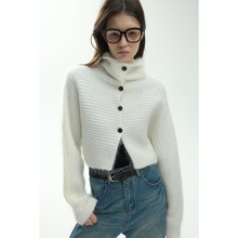 [识时]新品贵族马海毛高领毛织单排扣开衫短款修身长袖毛衣V7770