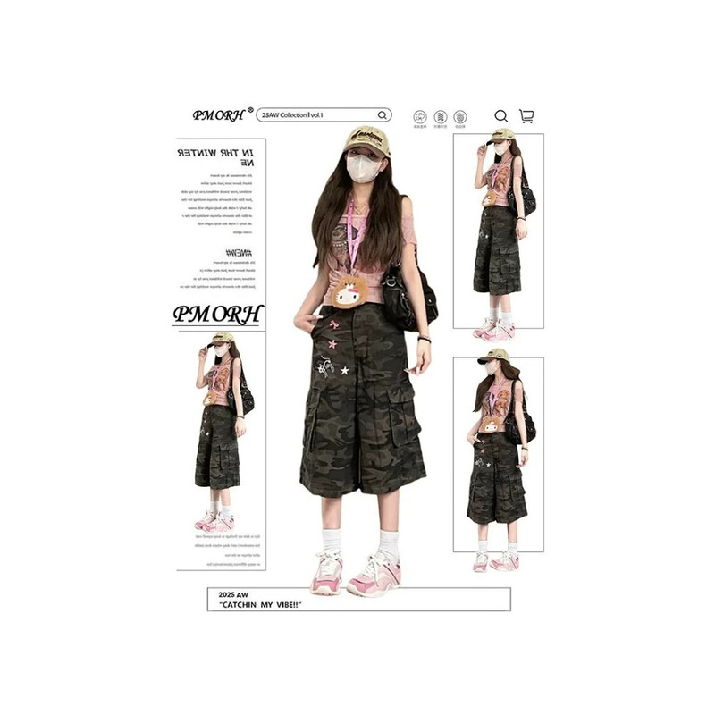 American Retro Camouflage Workwear Cropped Jeans for Women, Summer Pocketed Mid-Length Straight Wide-Leg Shorts American Retro Camouflage Workwear Cropped Jeans for Women, Summer Pocketed Mid-Length Straight Wide-Leg Shorts
