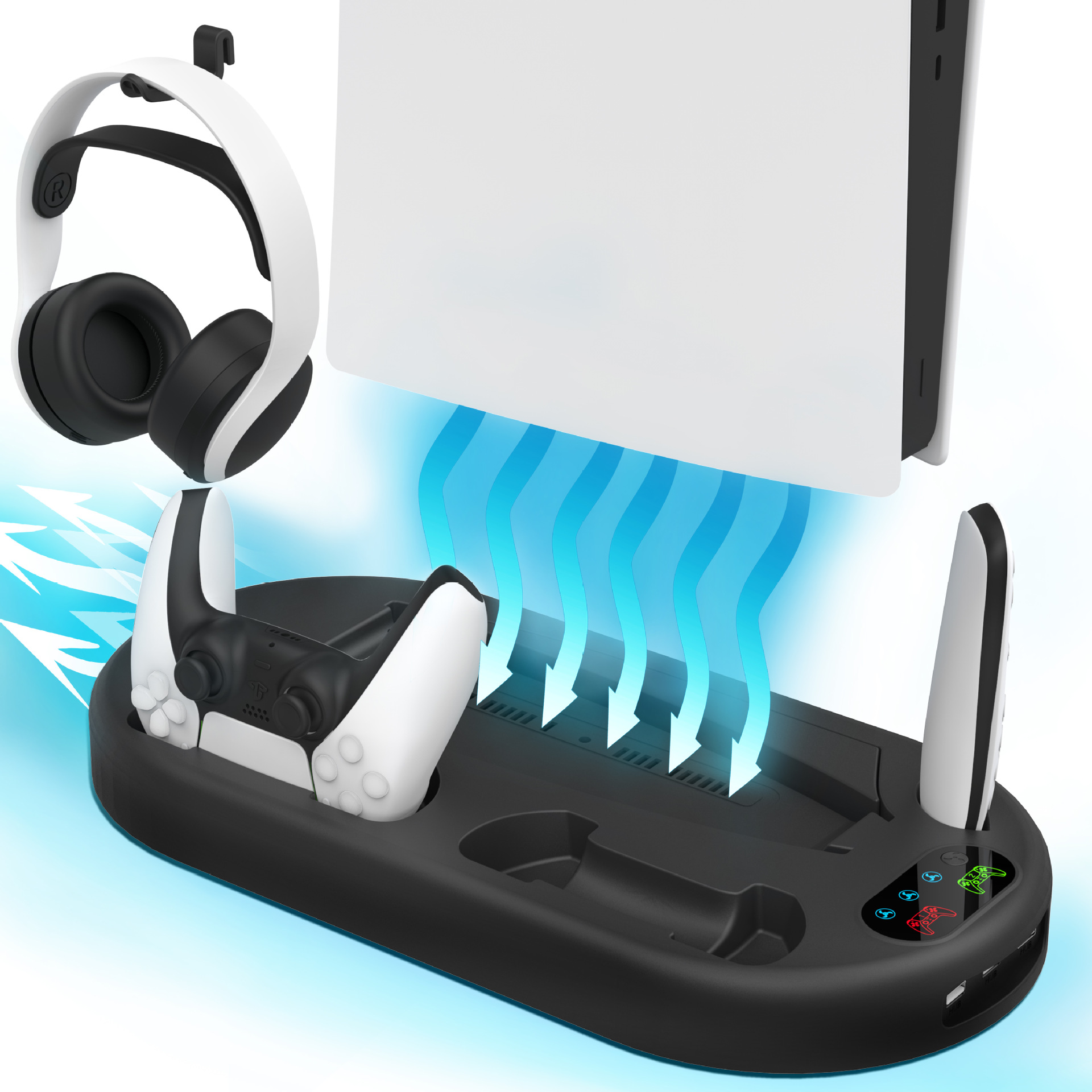 Base de carga y refrigeración para PS5, soporte de carga para el control de PS5, soporte multifuncional, disipación de calor inteligente y eficiente