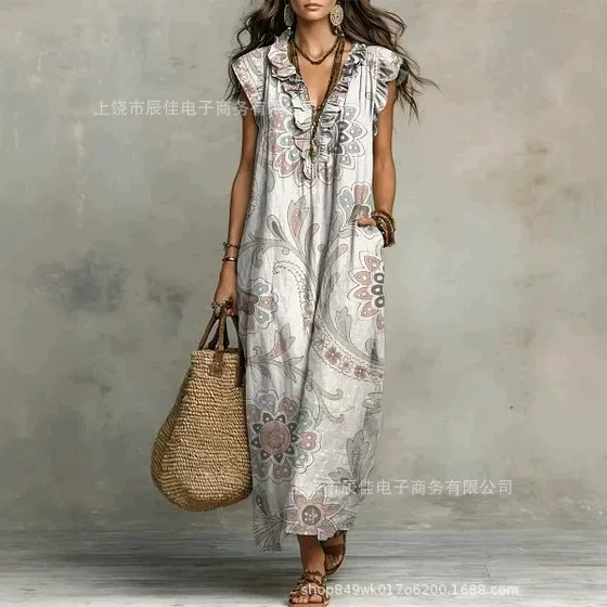 Y2 Vintage Distressed Floral Dress V-Neck Ruffled Sleeveless Pocket Loose Vacation Long Dress - Bamboo Linen