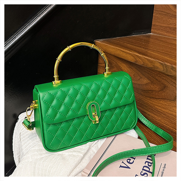 Borsa trapuntata a rombi in stile coreano, borsa a tracolla alla moda di grande capacità con manico in bambù, ideale per gli spostamenti quotidiani._voghion.com