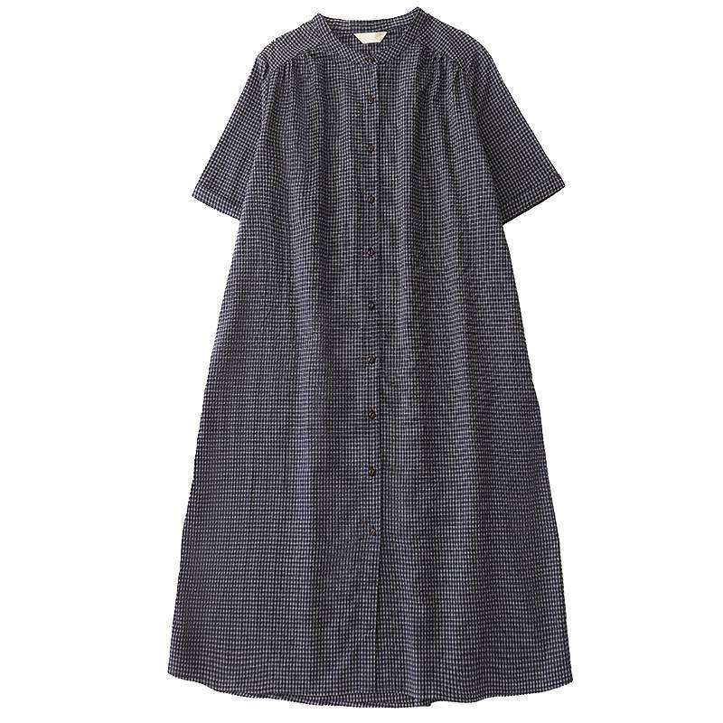 Japanese-style cotton-linen plaid dress, summer loose-fitting long shirt dress, plus-size new short-sleeved summer shirt for women Japanese-style cotton-linen plaid dress, summer loose-fitting long shirt dress, plus-size new short-sleeved summer shirt for women