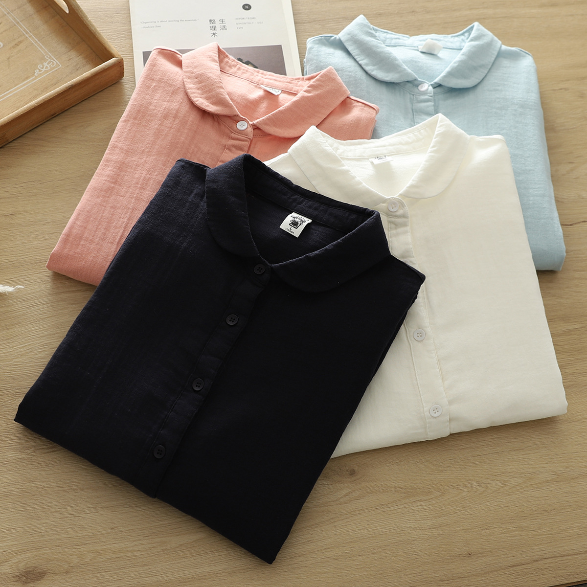 Factory Direct Sales Double-Layer Cotton Yarn Ingot Collar Basic Women's Shirt Pure Cotton Women's Long-Sleeved Casual Shirt