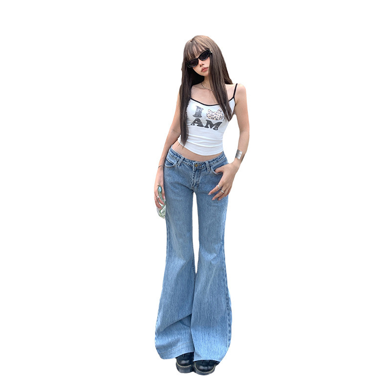 竹节纹低腰微喇牛仔裤女2025年秋冬新款辣妹显瘦百搭马蹄喇叭裤子|undefined