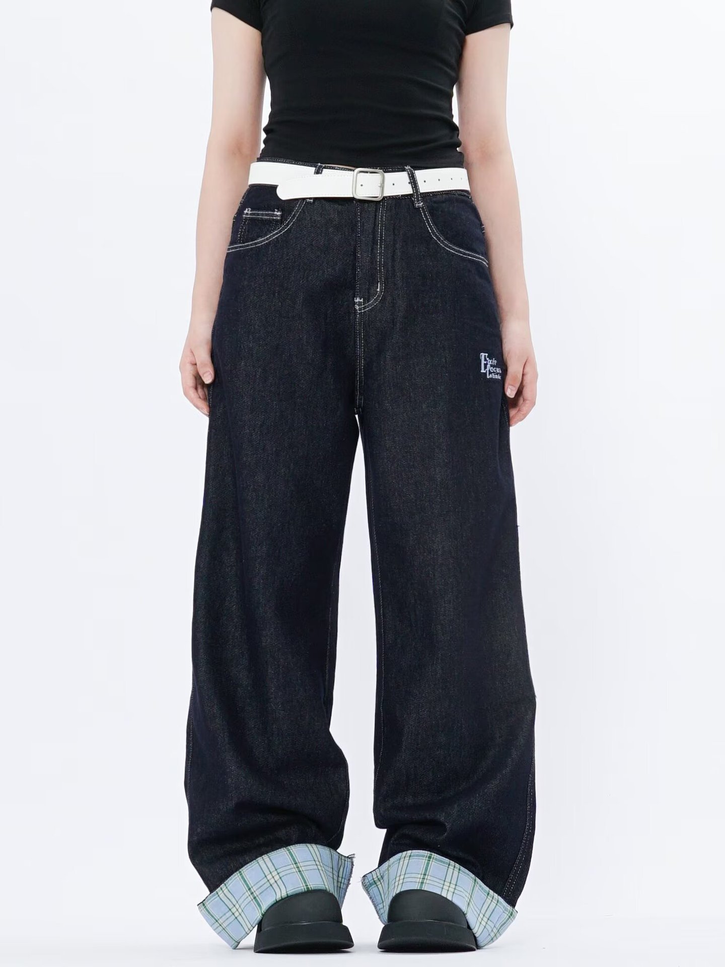 American Style Straight-Leg Rolled Hem Jeans Men Women, Spring And Autumn New Loose Patchwork Plaid Blue Pants For Men,_mkmklike.com