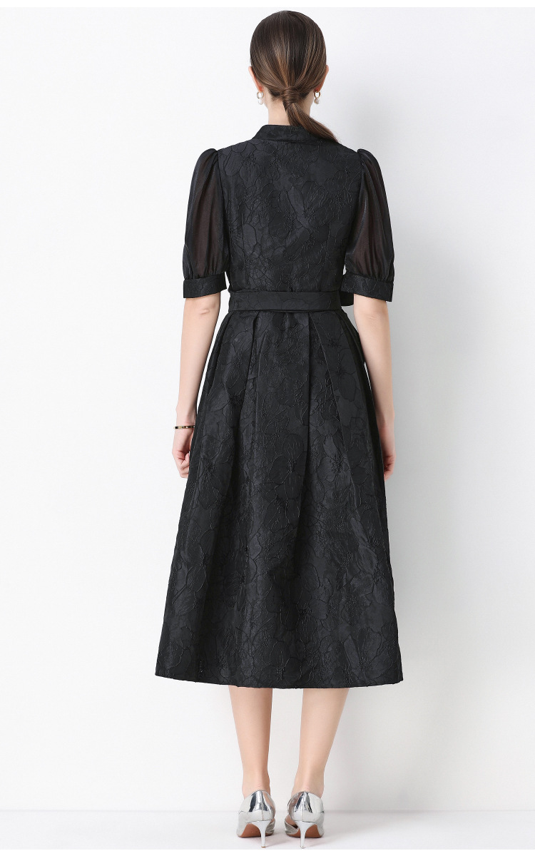 Đầm maxi nữ thắt eo V cổ tay ngắn họa tiết jacquard thanh lịch — màu đen, xanh lam, Màu hồng, màu trắng chi tiết 20
