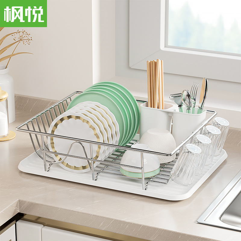 Cocina de una sola capa de galvanoplastia de acero inoxidable recipiente de drenaje estante multi-funcional integrado portavasos encimera del hogar vajilla rack de almacenamiento