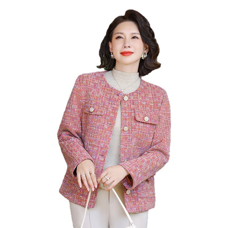 中年妈妈小香风外套春秋上衣中老年女装粗花呢洋气西装呢子外套女|undefined