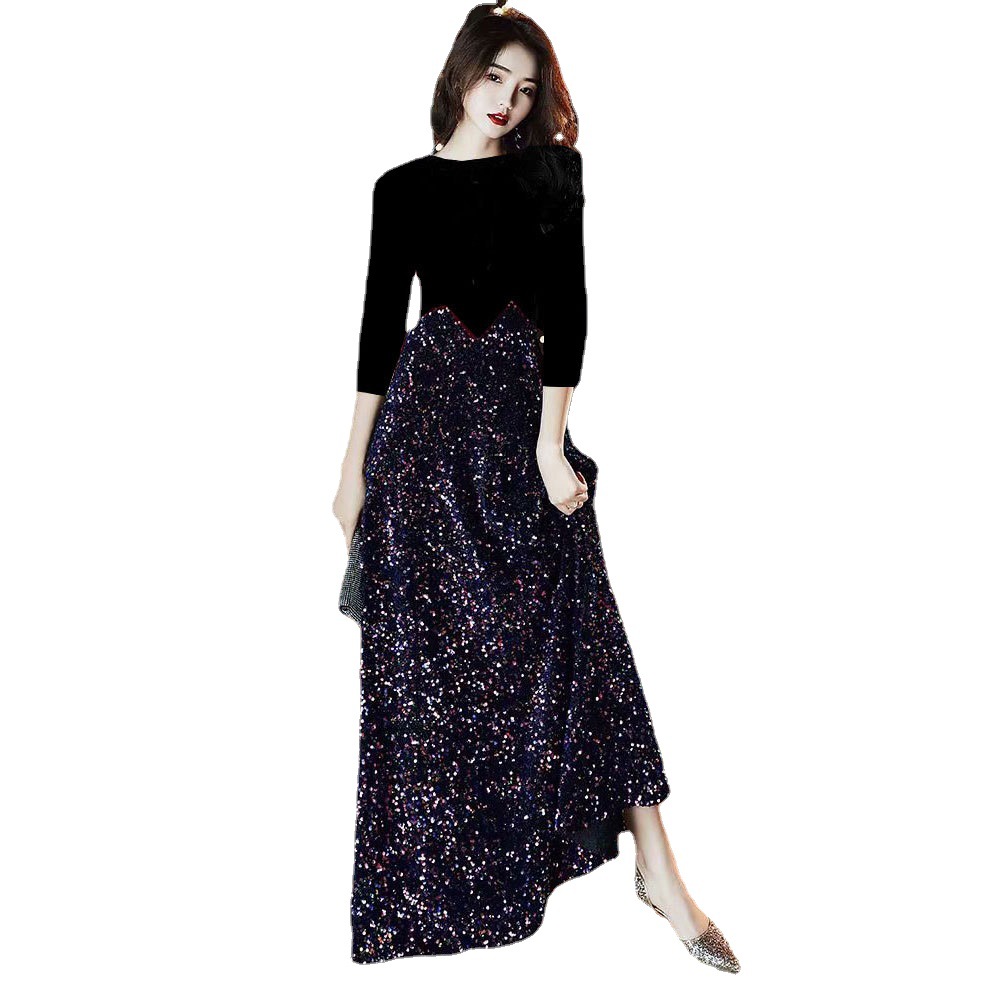2023 nuevo negro vestido de noche de las mujeres banquete elegante Socialite largo lentejuelas Reunión Anual vestido de acogida vestido