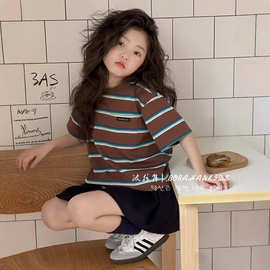 女童条纹短袖夏装儿童撞色T恤2025新款中大童女孩洋气休闲上衣潮