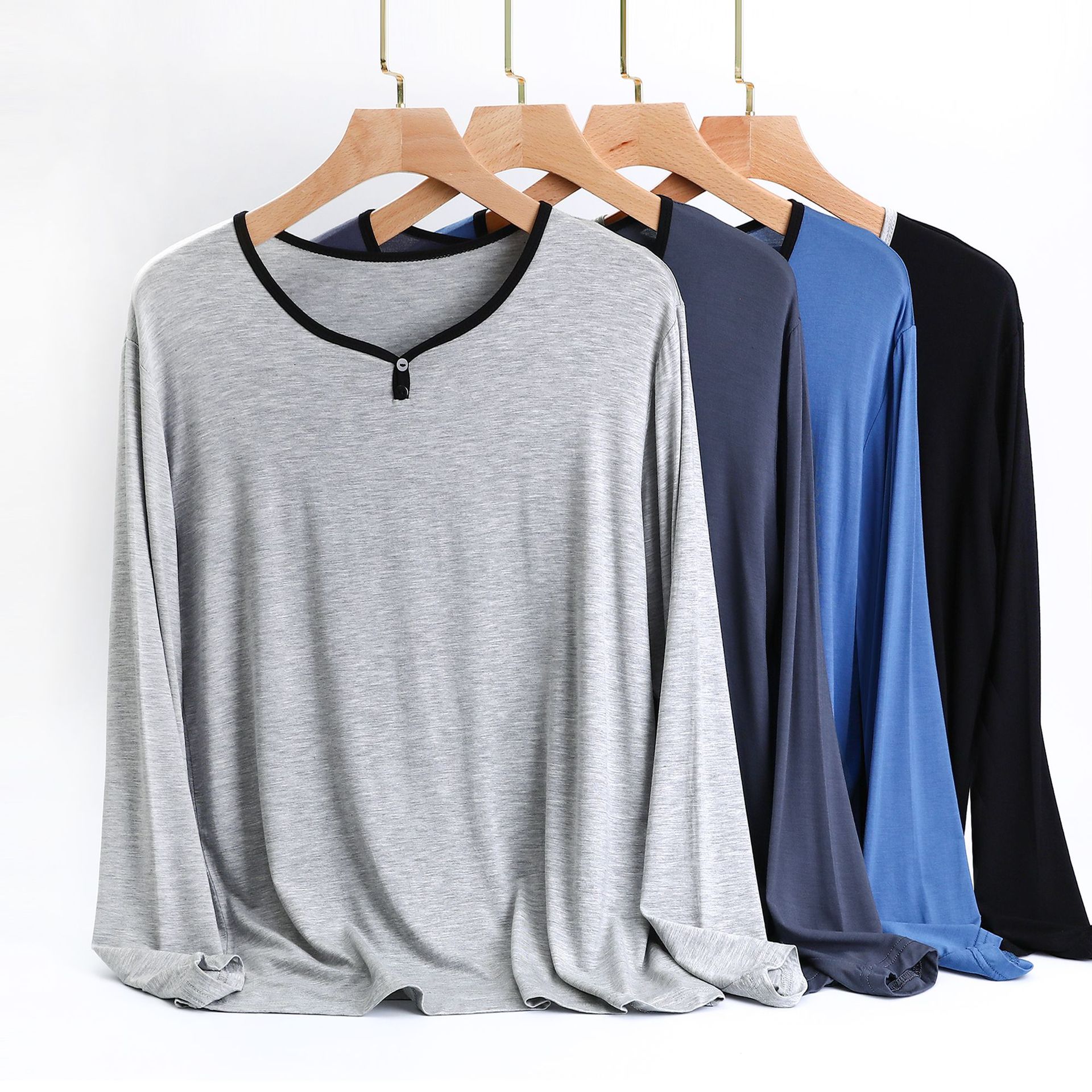 Spring and Autumn Men's 655 Modal Home Clothes Button Long Sleeve Draped Stretch Comfortable Casual Underwear One-Piece Shirt