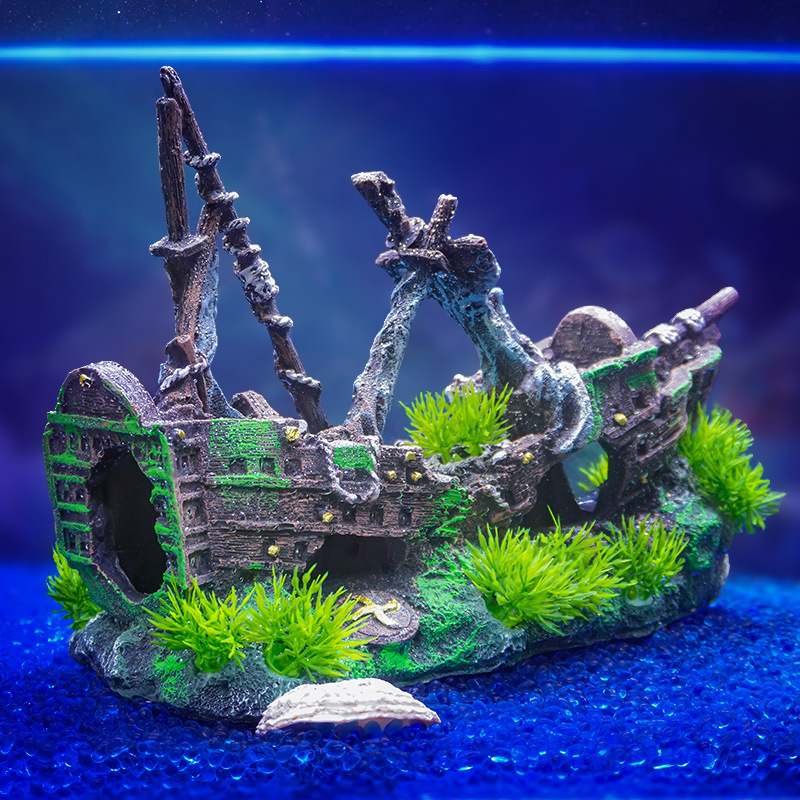 Simulación de paisajismo de acuarios, buque de guerra, decoración de peceras, decoración de la casa de escape, simulación de resina, red neta, naufragio, rocalla