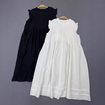 2026 Spring and Summer Linen Skirt, Retro and Age-Reducing Style, Pleated Sleeveless Dress, Bust Size 130, Length 120