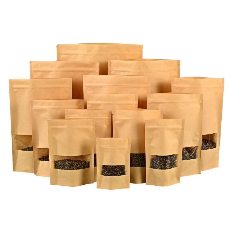 Bolsa de papel Kraft HD Ventana de embalaje auto-permanente cremallera ziplock bolsa de té de frutas secas en stock bolsa de envasado de alimentos sellada