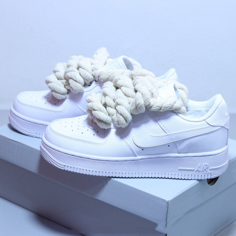 Shoes with Thick Rope Laces, Women's All-White Sneakers, Casual Sneakers with Large Laces, Men's Hemp Rope Cross-Border Trendy Shoes