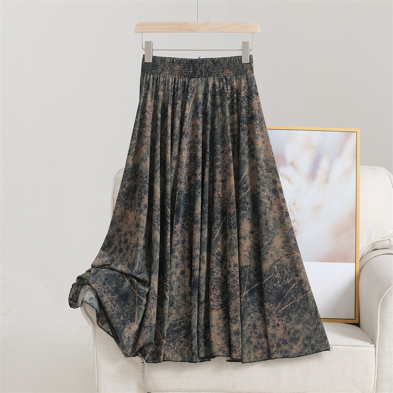 Middle-aged and Elderly Summer Ice Silk Skirt Mother's Wear Thin Floral Mid-length Skirt with Loosening Waist Large Skirt A- Line Skirt