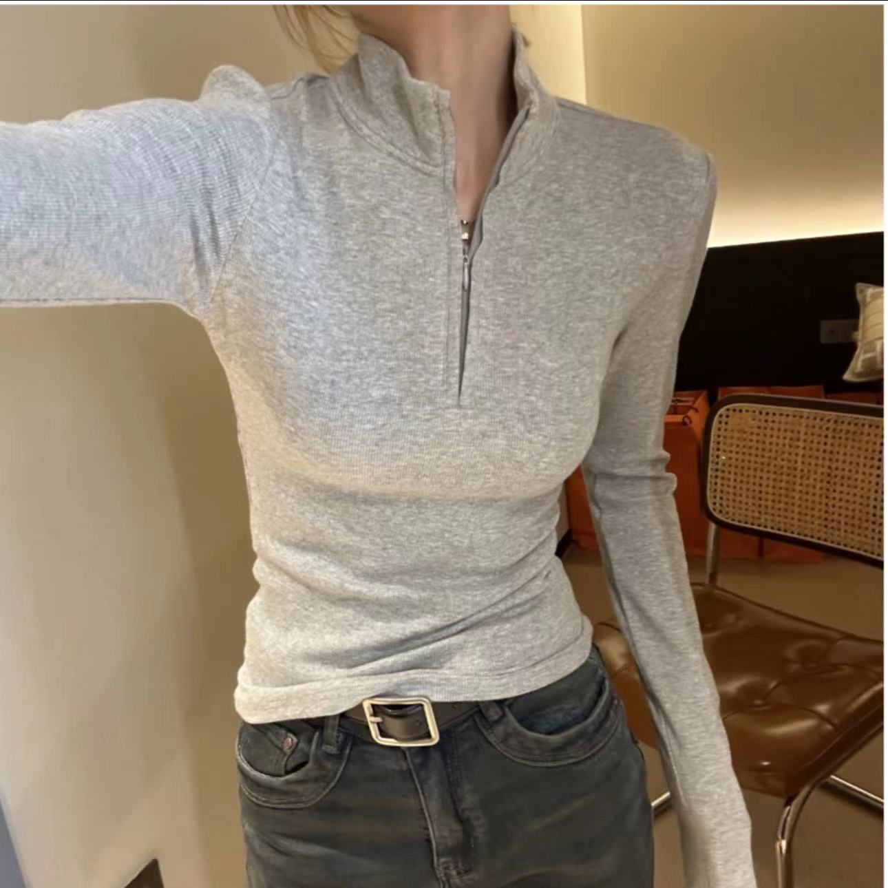 早秋新款半开领拉链长袖T恤女修身显瘦小众设计感立领打底衫上衣