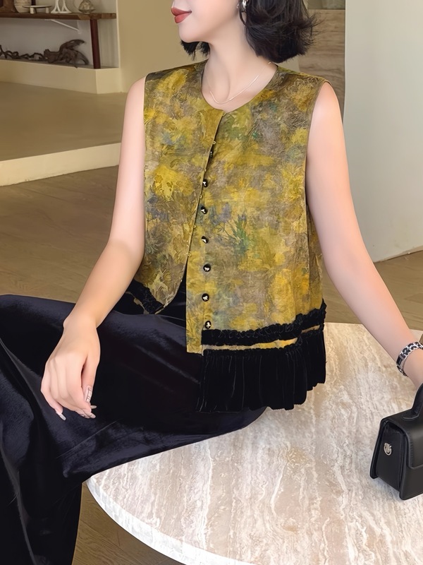 新中式高级感拼接丝绒马甲2025秋季新款复古气质减龄宽松遮肉上衣|undefined