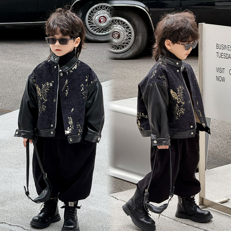 男童皮衣2025新款中国风拼接喜鹊提花国潮上衣儿童皮夹克一件代发