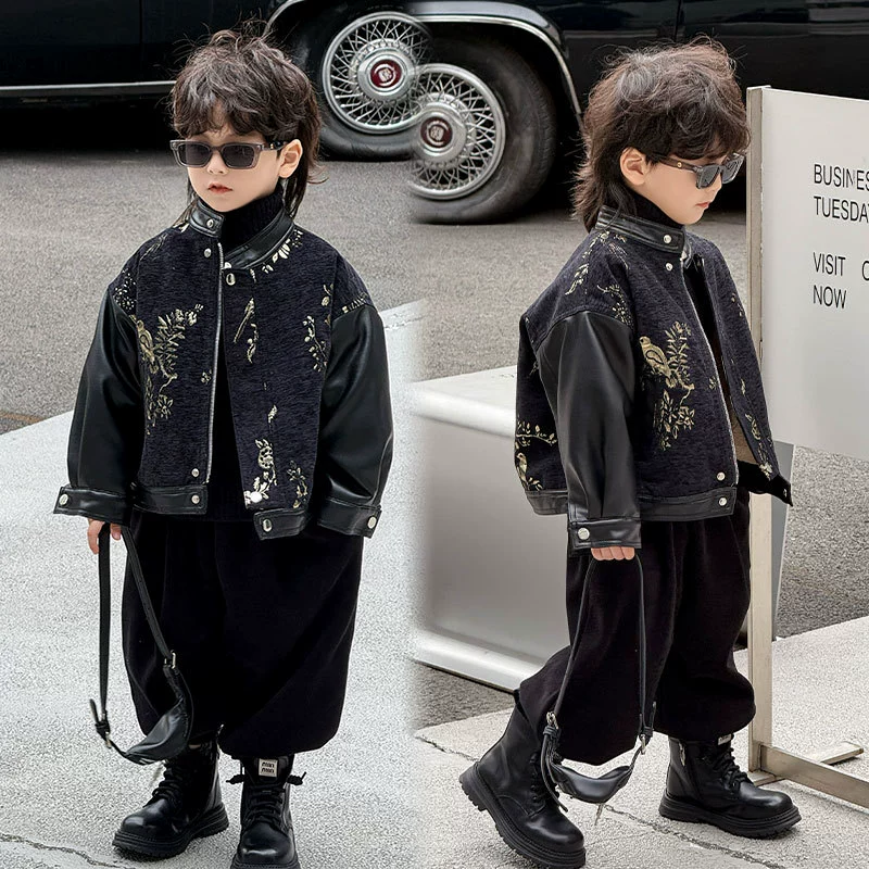 Детская кожаная куртка 2025: новая модель в китайском стиле, с лоскутным узором и жаккардом с изображением сороки, в национальном стиле, оптом