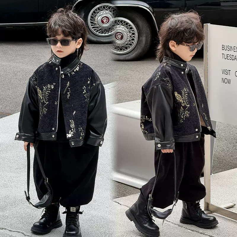 男童皮衣2025新款中国风拼接喜鹊提花国潮上衣儿童皮夹克一件代发