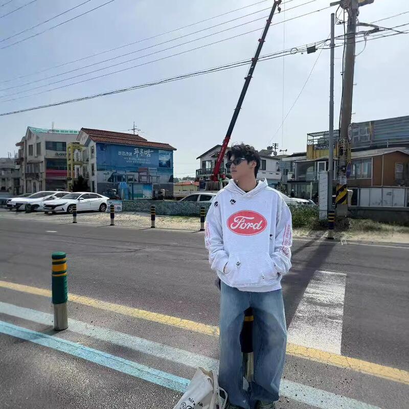 Purey Talk Ford Letter Print Washed Distressed Hooded Sweatshirt American Casual Loose Trendy Brand Hoodie