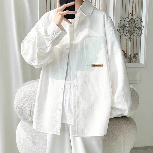 Letter Long-Sleeve Shirt Japanese Hong Kong Style Ins Loose Shirt for Men Summer Trendy Versatile Casual Outerwear