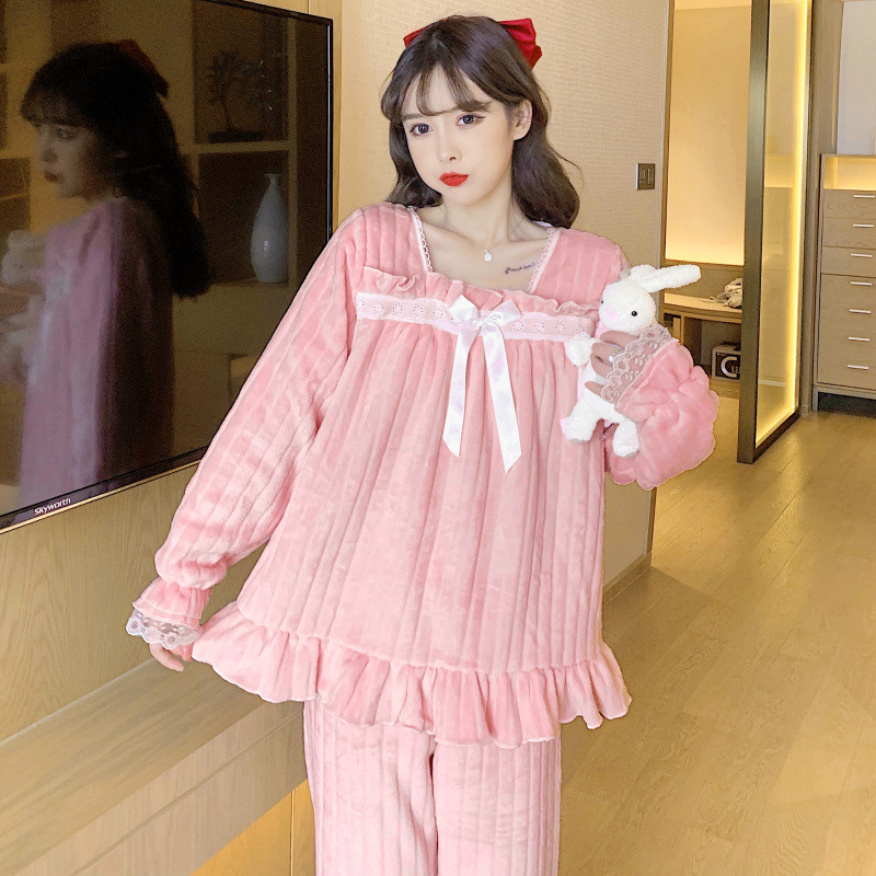 Sweet Girl Pink pijamas otoño e invierno cálido simple ropa para el hogar nuevo traje de terciopelo coral de terciopelo azul forrado de lana gruesa